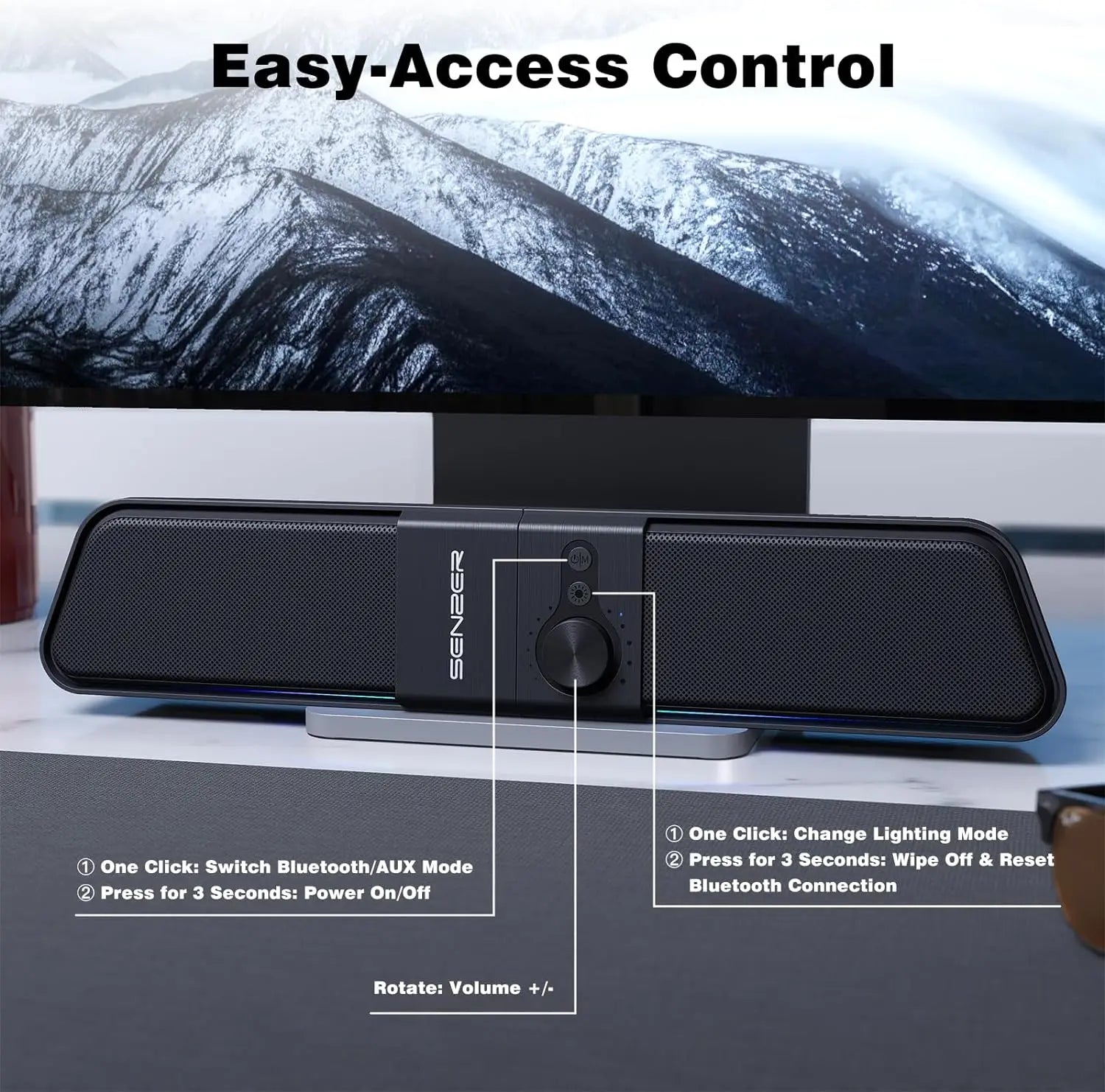 SENZER Computer Speakers-Gaming Speaker with Stereo Sound,PC Sound Bar for Laptop Desktop Monitor (Bluetooth & 3.5mm Aux)