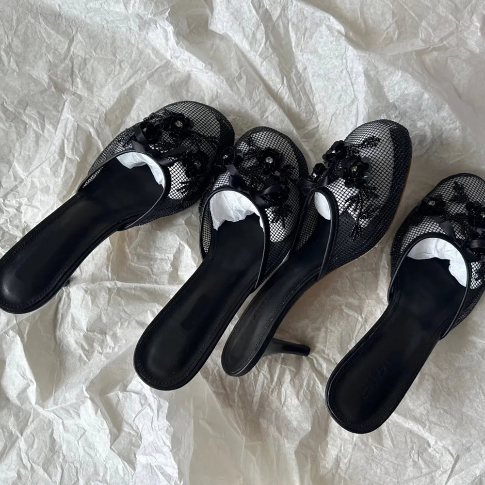 2026 Summer Spring Women Slippers for Woman Mesh Flower High Heeled Shoes Sexy Ladies Slip-On Non-Slip Round Toe Wedding Sandals