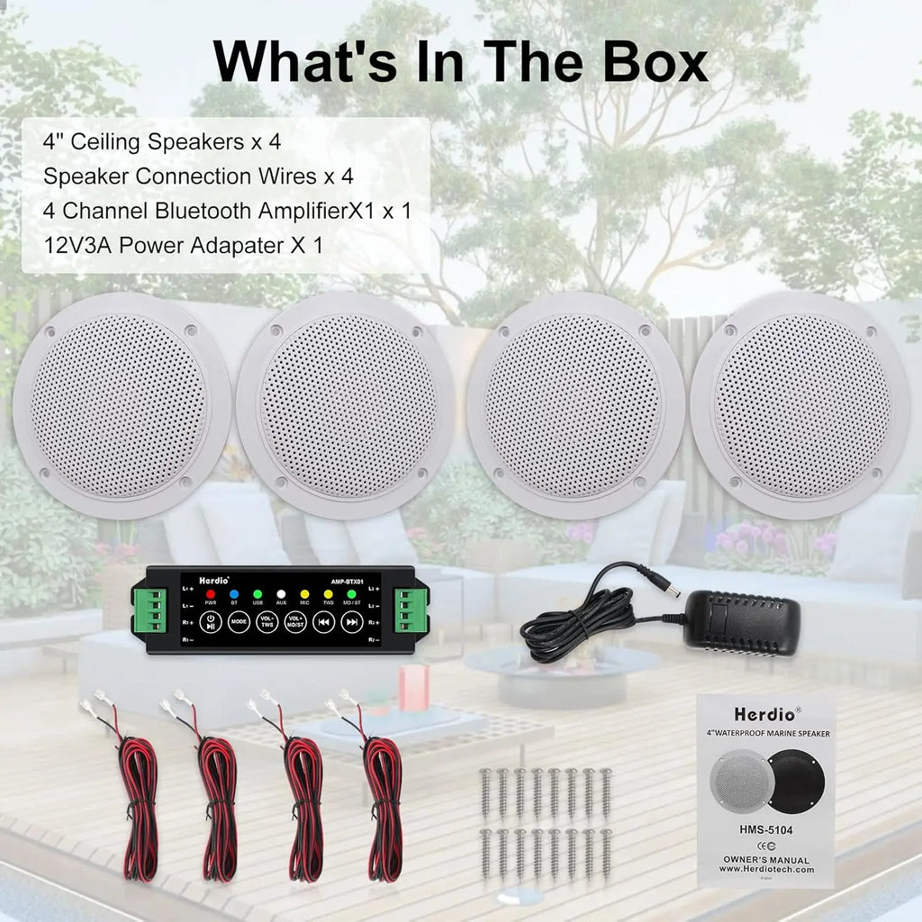 Herdio 4Pcs 320W Wall In Ceiling Speakers Full-Range 4" Bluetooth Loudspeakers Stereo Audio Speaker Bathroom Store Hotel Speaker