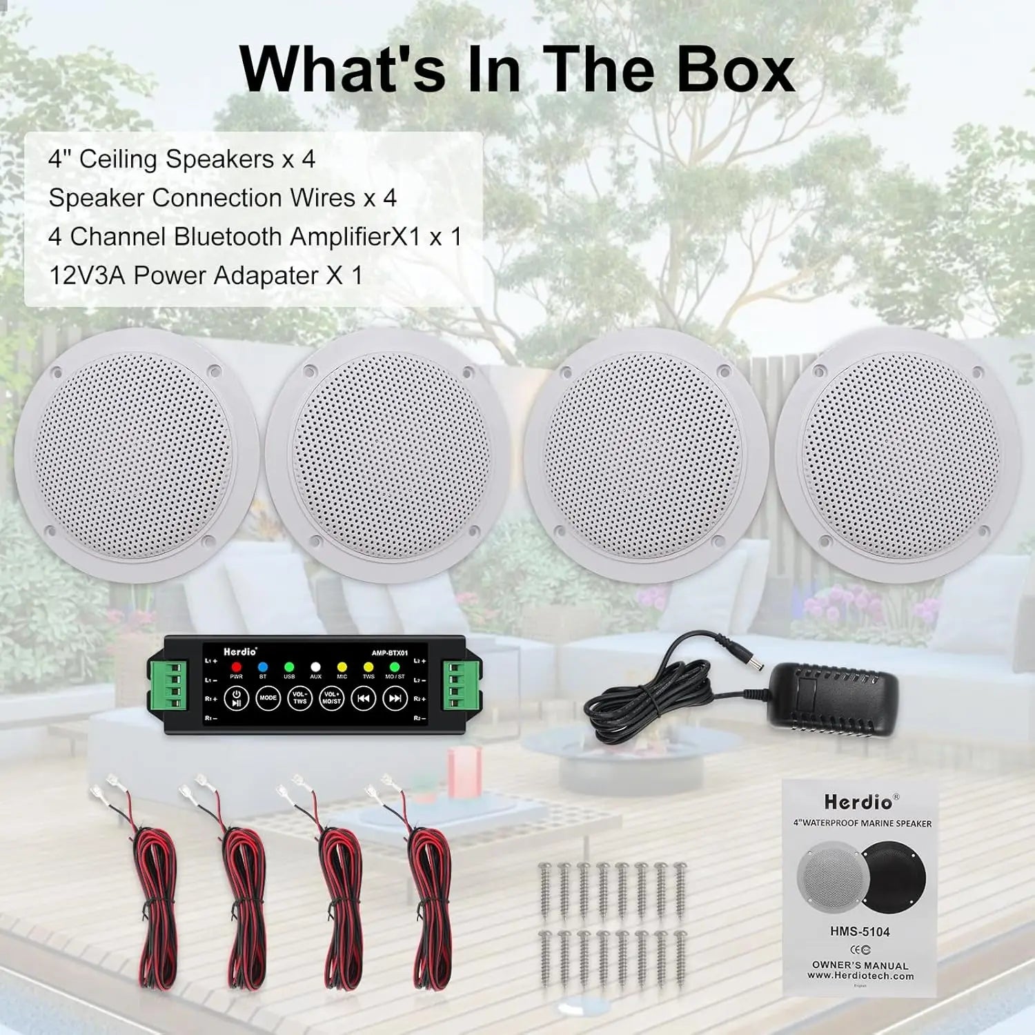 Herdio 4Pcs 320W Wall In Ceiling Speakers Full-Range 4" Bluetooth Loudspeakers Stereo Audio Speaker Bathroom Store Hotel Speaker