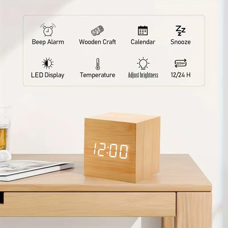 Alarm Clock LED Wooden Watch Table Voice Control Digital Wood Despertador USB/AAA Powered Electronic Desktop Clocks