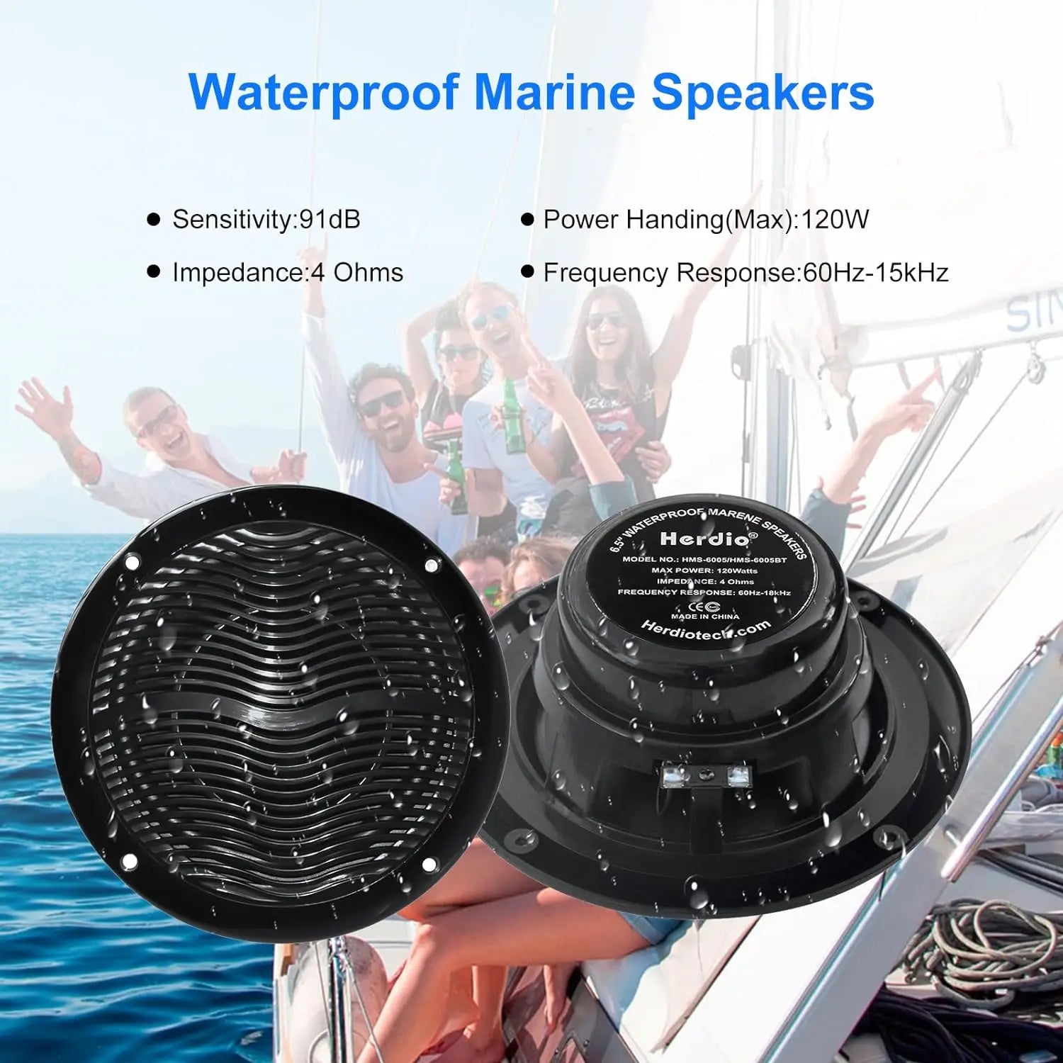 Herdio 6.5 Inch Marine Speaker 120W 2-Way Waterproof And Weather Resistant Outdoor Stereo Boat Speakers Perfect For ATV UTV