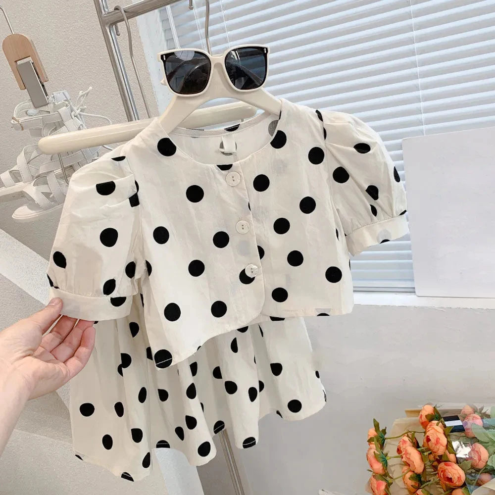 Polka Dot Girls Clothes Set Puff Sleeve Shirt Skirt Suit 2pcs Toddler Girls Summer Sets New Kids Outfits Children Clothing Set
