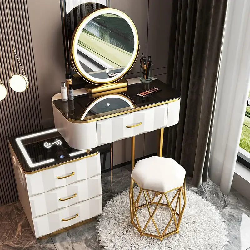 Makeup Vanity Desk with Wireless Charging Station and Bluetooth Speaker, Dressing Table with Tempered Glass Desktop,Vanity Set
