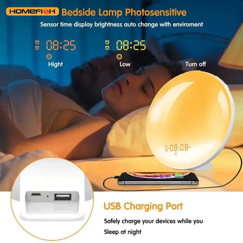 Sunrise Sunset Simulation Awakening Alarm Clock with Colorful Atmosphere Light and FM Radio Function.Relaxed Natural Sound Tunes