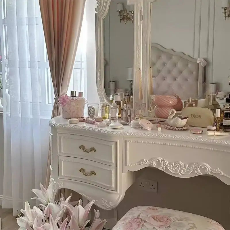 Wooden Luxury Vanity Table Dest European Hidden Glass Modern Dressing Table White Saving Makeup Tafel Furnitures For Bedroom