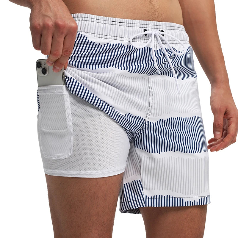 ESCATCH 2026 Summer New Style Mens Shorts 2 in1 Fitness Printing Traje De Baño Hombre Long Lining With Zipper Pockets Swimsuit
