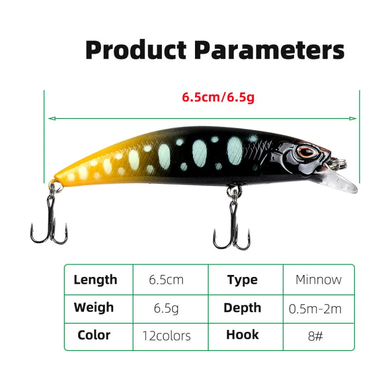 12PCS Minnow Lure Set 6.5cm/6.5g Long-Distance Submersible Lures for Sea And Freshwater Fishing Ideal for Mandarin Fish Catching