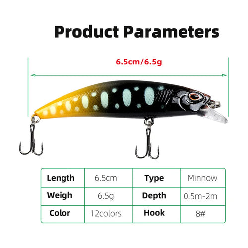 12PCS Minnow Lure Set 6.5cm/6.5g Long-Distance Submersible Lures for Sea And Freshwater Fishing Ideal for Mandarin Fish Catching