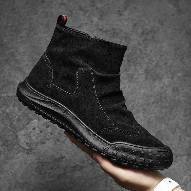 Men's Boots High Cut Workwear Shoes Autumn  Flat Zipper Pleated Non Slip Comfort Thick Soled Wear-resistant Fashion Boots
