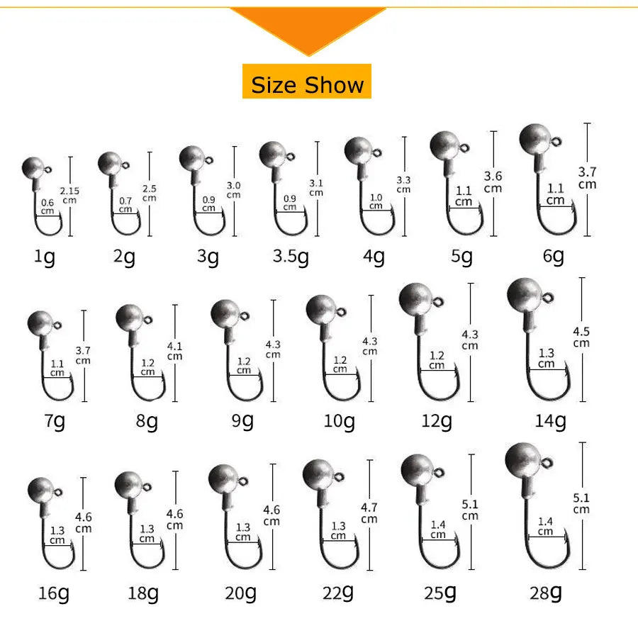 MrLurion 30pcs 1g 2g 3g 5g 10g 14g 18g 22g 25g 28g Fishing jigging head hook ,round head rigs fishhook for soft worm crank lures