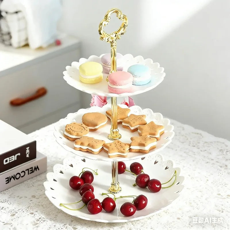 Three Layers of Dessert Plates Plastic Cake Tray Petal-shaped Afternoon Saucer Suitable for Birthday Parties and Weddings