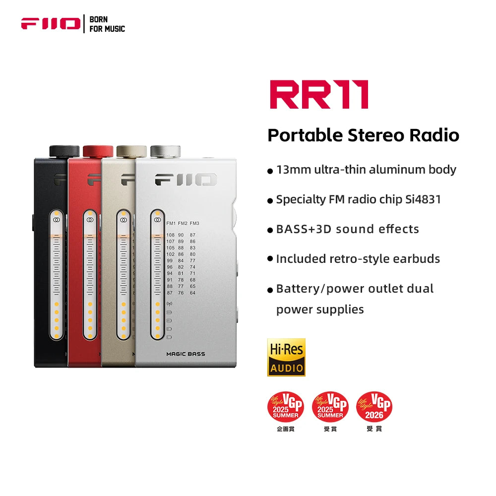 FiiO RR11 Portable HiFi FM Stereo Radio Receiver with analog PVR tuning, BASS+3D sound effects, 64MHz-108MHz