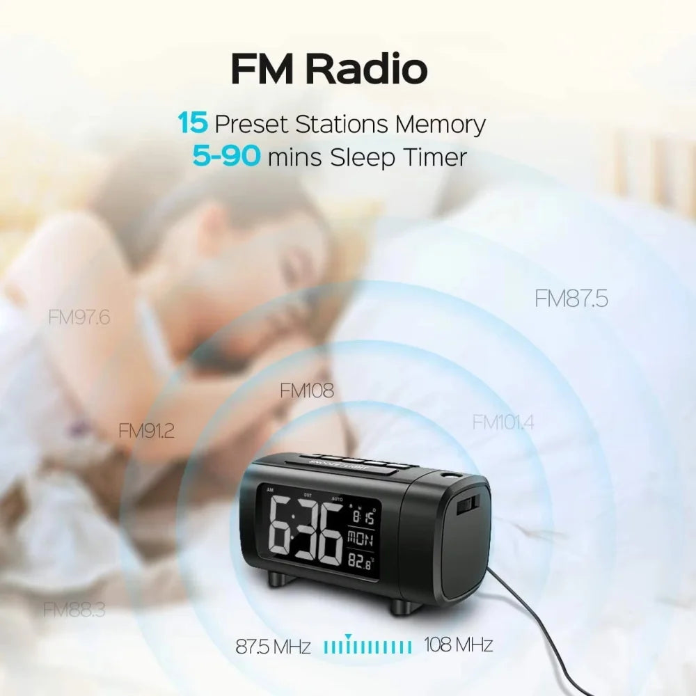 180° Projection Alarm Clock Radio Function Snooze Mode Electronic Digital Alarm Clock USB Charging Bedroom Bedside Table Clock