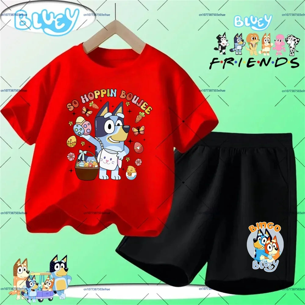 Kids Summer Casual Sports Outfit Bluey Cartoon Short Sleeve T-shirt & Shorts 2-Piece Set Soft Comfortable Children Clothing