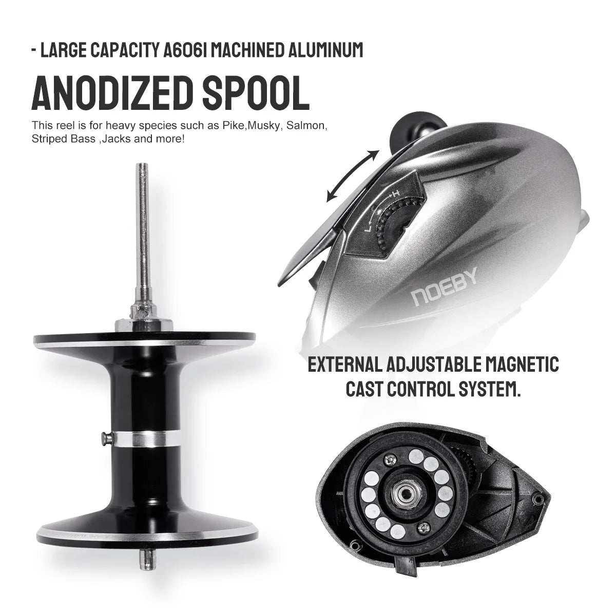Noeby Baitcasting Reel 15KG Max Drag Magnetic Braking System 6.4:1 Gear Ratio 8+1 Ball Bearing Low Profile Predator Fishing Coil