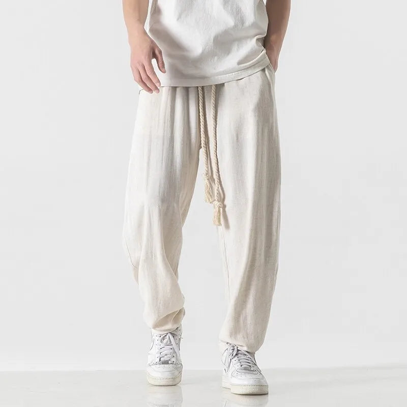 Mens Cotton Linen Pants Mens Summer Breathable Solid Color Harem Pants Male Streetwear White Trousers Men Ankle-Length Pants