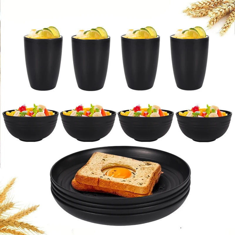 16 pieces of pp tableware set, including (9.1-inch) plates, (7.8-inch) plates, dinner bowls and beverage cups.
