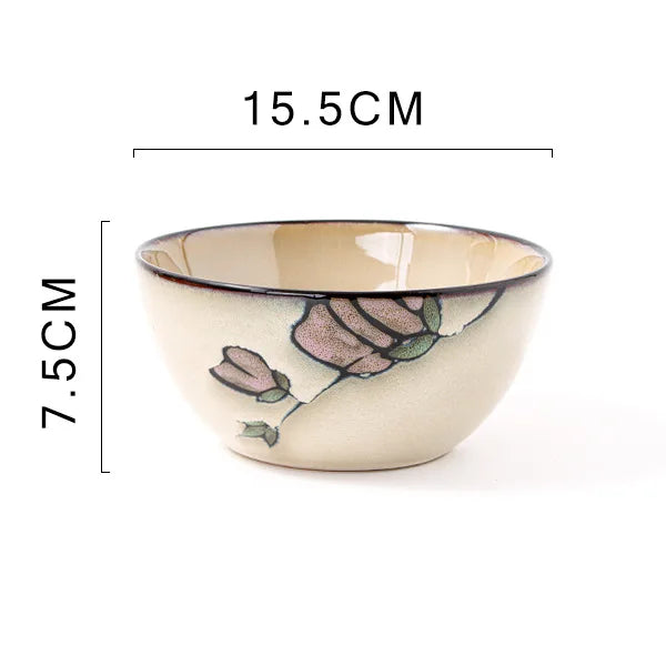 Ceramic hand-painted flowers creative dish plate Japanese tableware household fish plate round fruit plate kiln change rice bowl