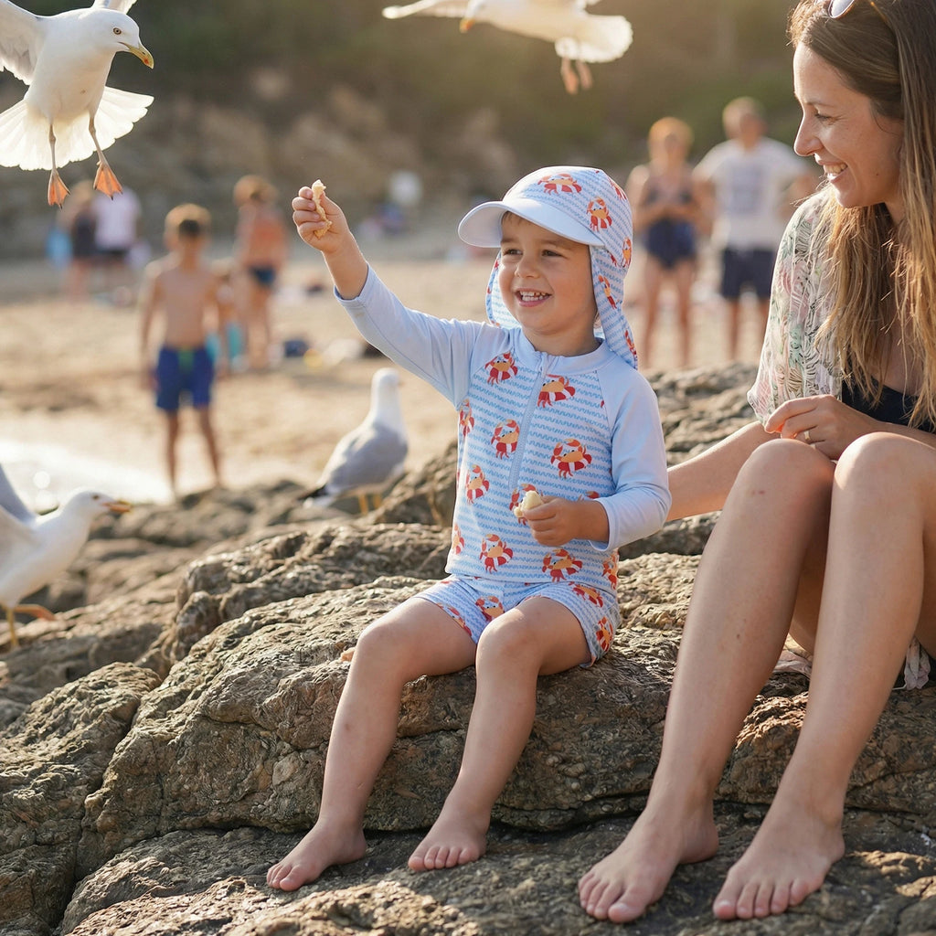 Boys' Rash Guard Set, 3 Piece Quick Dry Swimsuit Suit, Crab Print Long Sleeve Tops Swim Trunks Sun Cap Bathing Suit 0-5T
