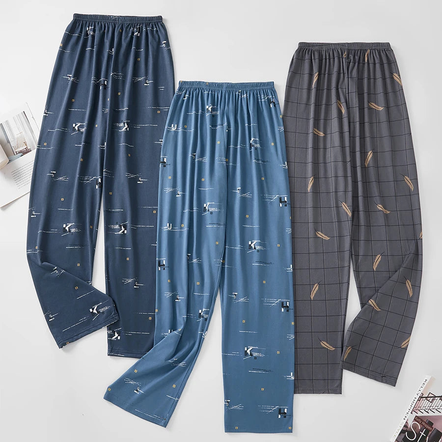 Good-Looking Men's Pajama Pants for Spring, Autumn, and Summer, Thin Long Pants, Plus Size, Loose Plaid Home Pants for Middle-Aged Dads