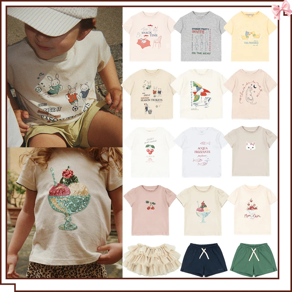 Children Clothes 2026 Summer KS Kids Shorts Outfit Girls Cute Sequin T-shirts Skirt Boys Cotton Tee Cartoon Print T Shirts Tops