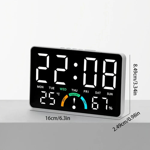 A multifunctional electronic clock with a borderless design, featuring brightness adjustment and automatic sensing functions, ca