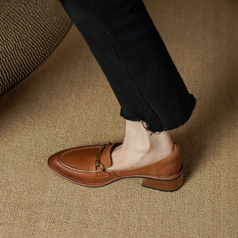 Basic Women Pumps Spring Summer High Heel Round Toe Buckle Genuine Leather Office Lady Working Loafers Shoes Woman 2025 New