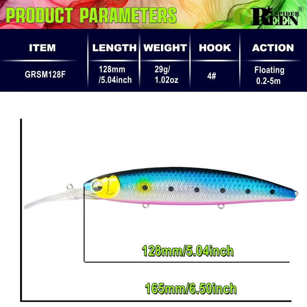 Ultra Long Casting Floating Wobbler Minnow Hard Bait 128mm 29g Flounder Sea Bass Saltwater Sea Fishing Lure Depth 0.8-5m