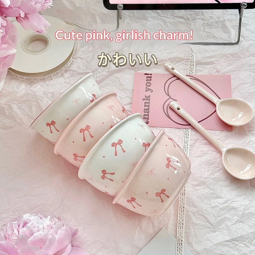Aesthetic Bow Design Ceramic Tableware Set - Ruffled Edge Bowls & Plates with Underglaze Color Dessert Set Cute Dinnerware