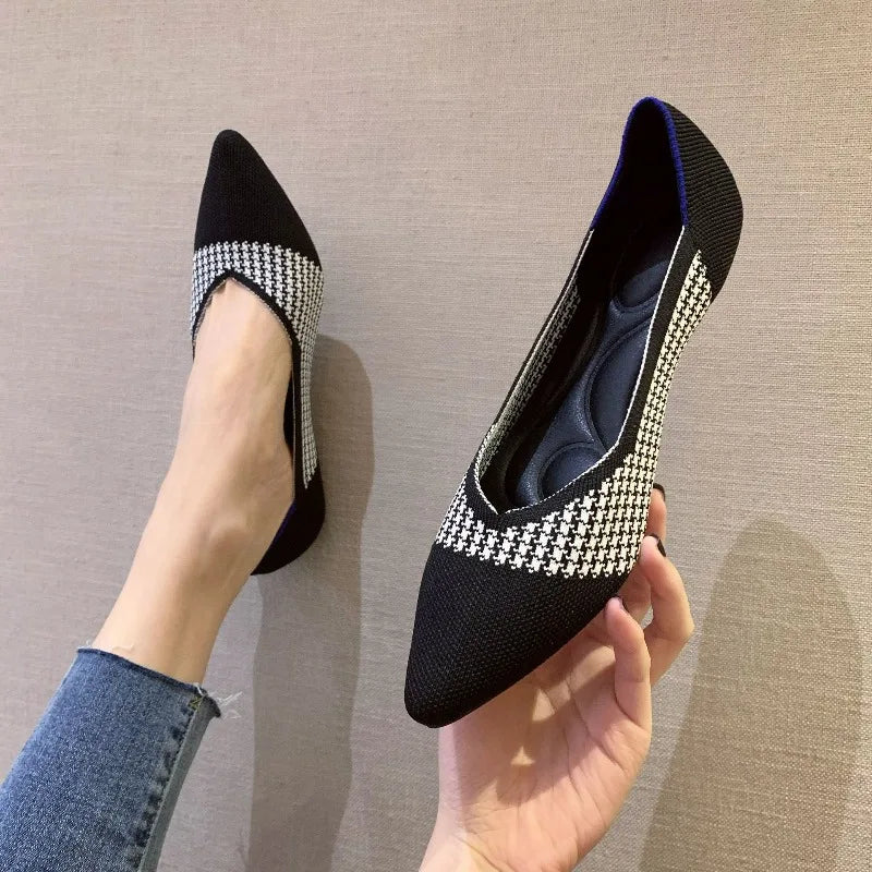 Women's Shoes Breathable Flat Shoes Fashion Soft Sole Knitted Shoes Elastic Comfortable Loafers Pointed Toe Slip on Casual Shoe