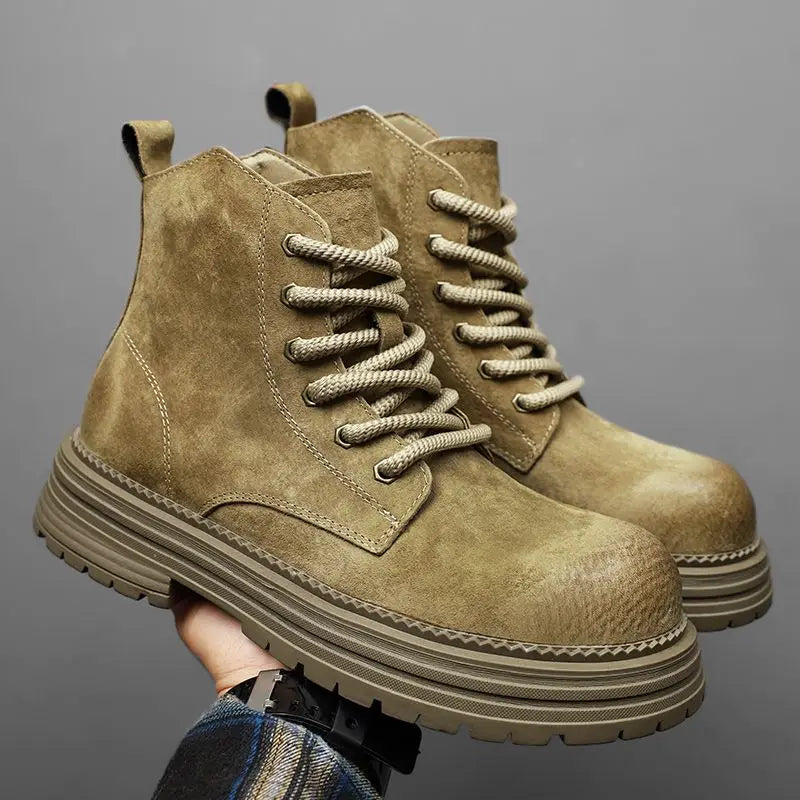 Outdoor Leather Mens Ankle Boots Fashion High Top Men's Casual Shoes British Style Male Work Boots Lace-up Walking Hiking Shoes