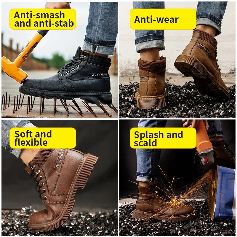 Mens Work Boots 2025 Fashion Outdoor Leather Steel Toe Indestructible Shoes Men Anti Slip Puncture Proof Safety Shoes Boot Man