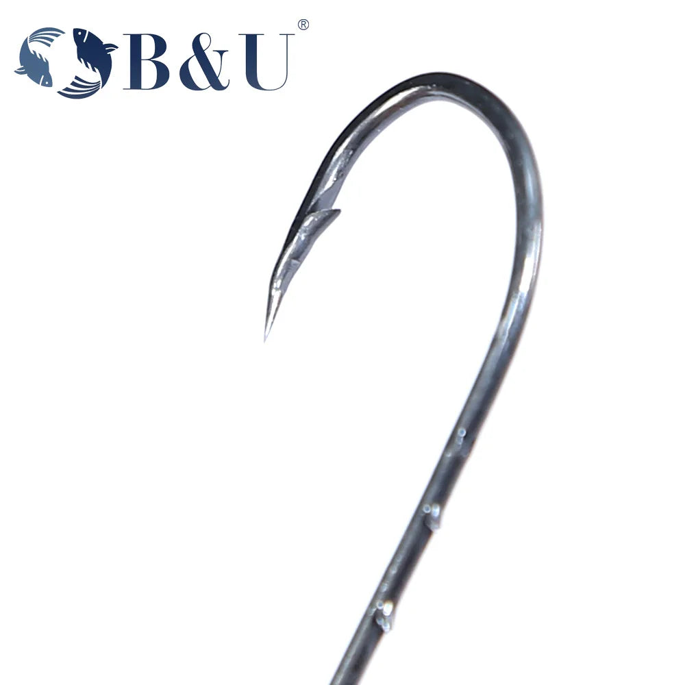 B&U 50pcs/lot Fishhooks High Carbon Steel Long And Straight Shank Barbed Fishing Hooks For Fresh And Saltwater Fishing
