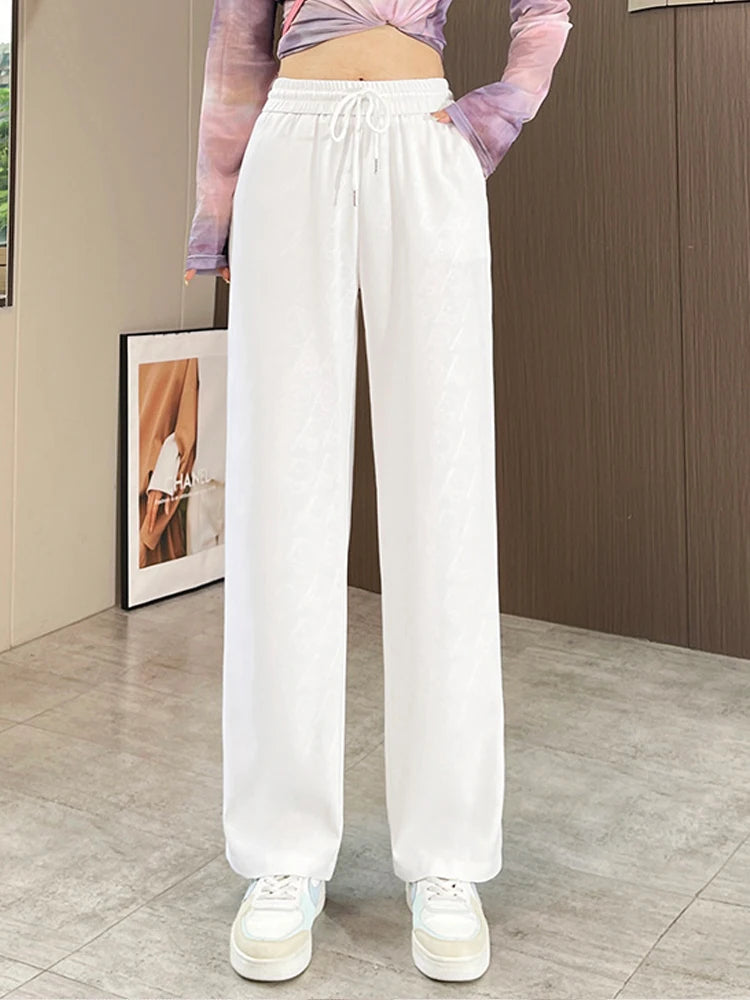 Summer Satin Letters Print Pants Women Casual Streetwear Loose Hight Waist Fashion Straight Trousers Pantalon Pour Femme New 4XL