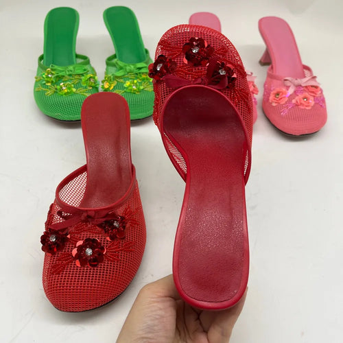 2026 Summer Spring Women Slippers for Woman Mesh Flower High Heeled Shoes Sexy Ladies Slip-On Non-Slip Round Toe Wedding Sandals