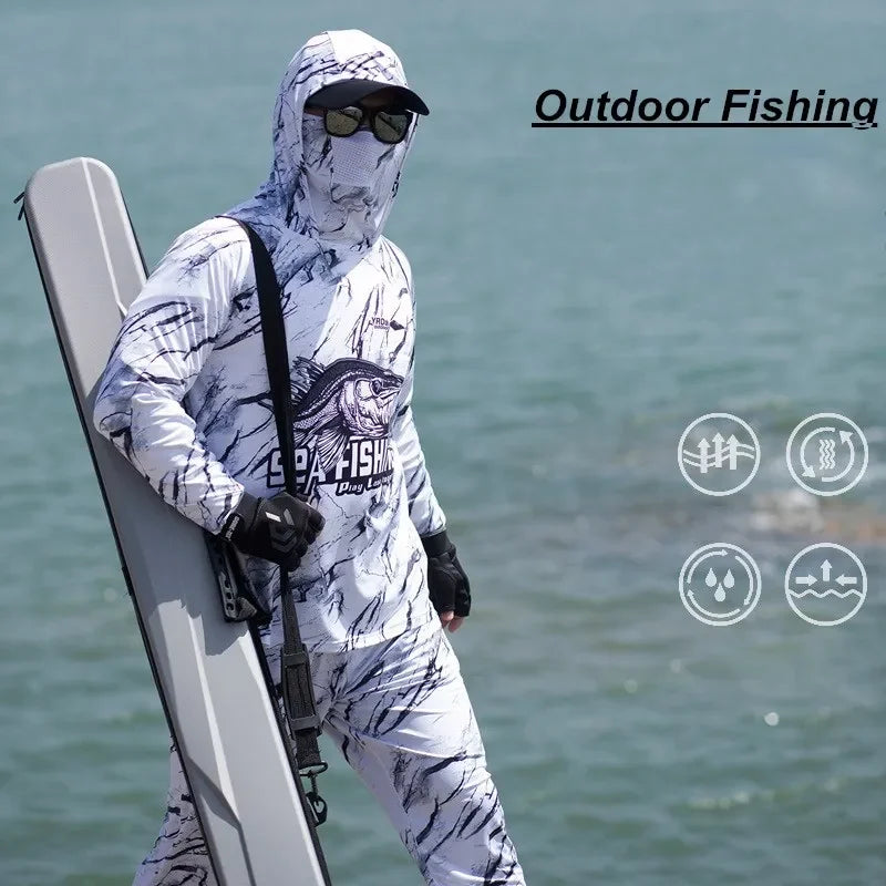 Camouflage Hooded Fishing Clothing Fishing Pants Summer Ice Silk Quick Dry Sun Protection Clothes Outdoor Fishing Shirt Jerseys