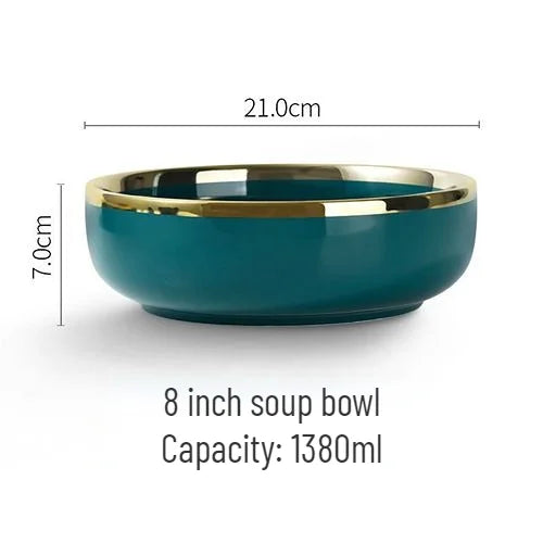 Gold Edging Green Porcelain Plates Food Dinner Set Dishes Salad Soup Bowl Ceramic Plates Bowls Luxurious Tableware Set