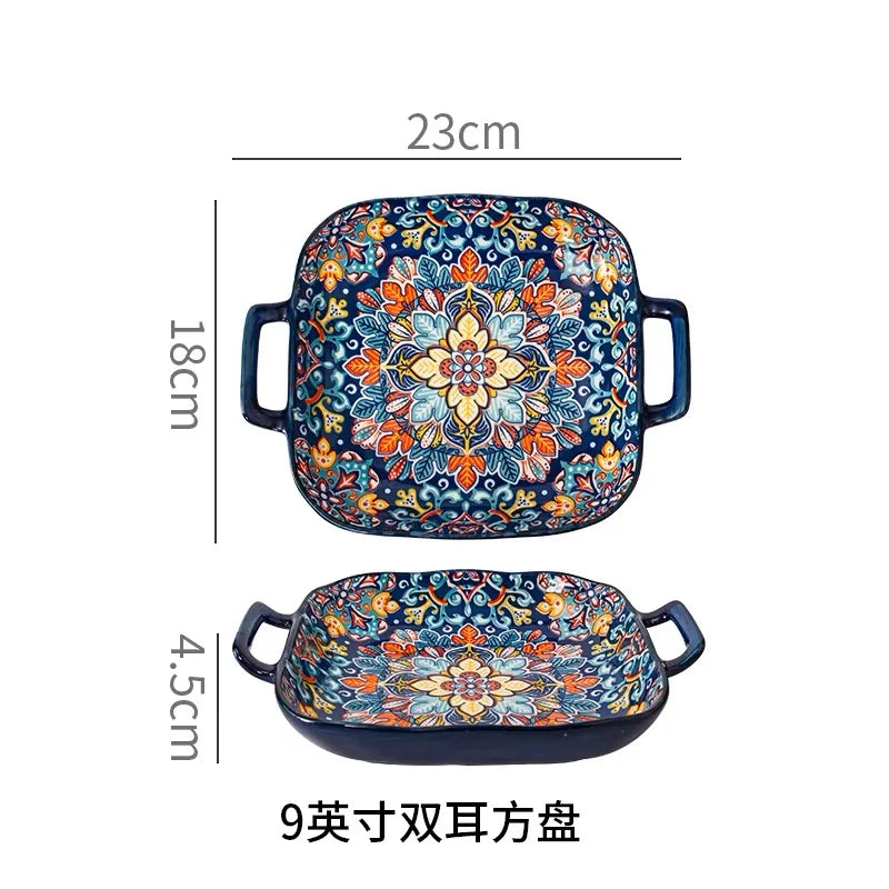 Bohemia Ceramic Rice Bowl Serving Plate Creative Ceramic Cutlery Soup Noodle Bowl Household Handle Bowl Sauce Dish