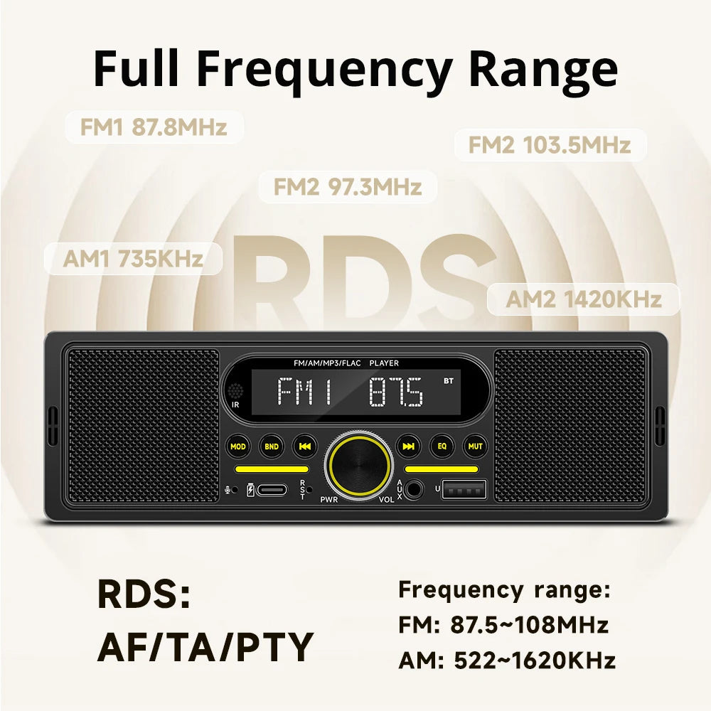 Car Radio 1Din MP3 Player Stereo Dual Bluetooth Built-in Speaker FM AM RDS AUX input USB EQ Type-C Charging Universal