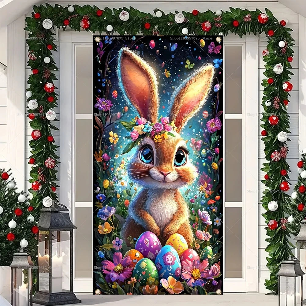 Easter Bunny Door Cover Banner Vinyl Easter Eggs Flowers 2D Door Banner for Spring Holiday Party Background Decoration Supplies