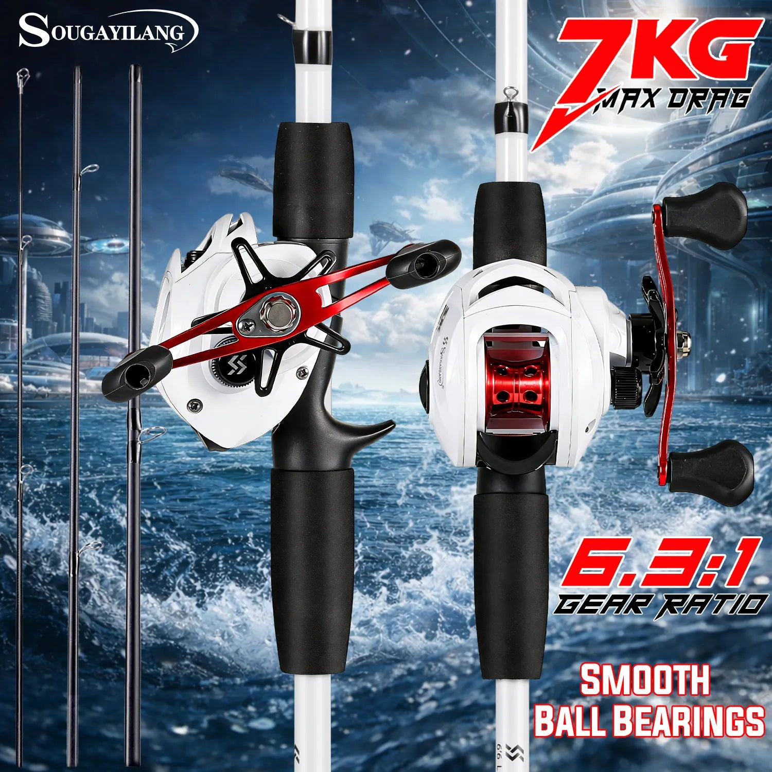 Sougayilang Casting Fishing Rod Reel Combo 6.3:1 Baitcasting Reel 10 Magnetic Brake 7KG Max Drag Portable Fishing Tackle Set