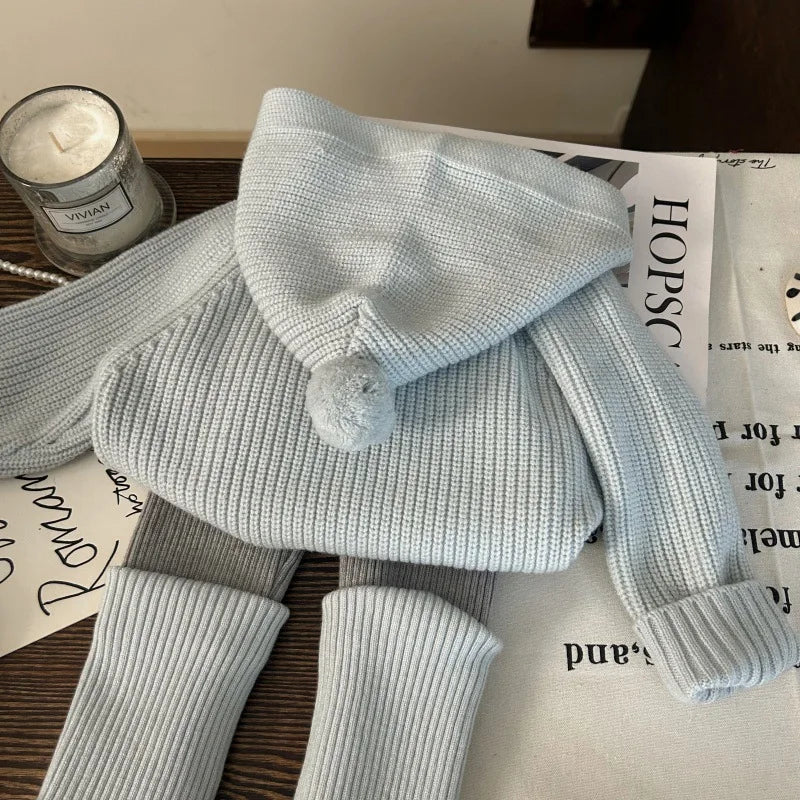 Korean-style Kids' Clothing 2025 New Autumn Girls' Hooded Knit Sweater with Yarn Leggings and Slouchy Socks Two-Piece Set Trendy
