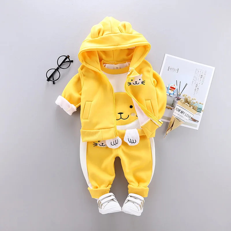Boys Girls Cartoon Clothing Suits Baby Plus Velvet Jacket+Hooded Vest+ Pants 3Pcs Sets Kids Toddler Winter Sports Clothes 0-4Y