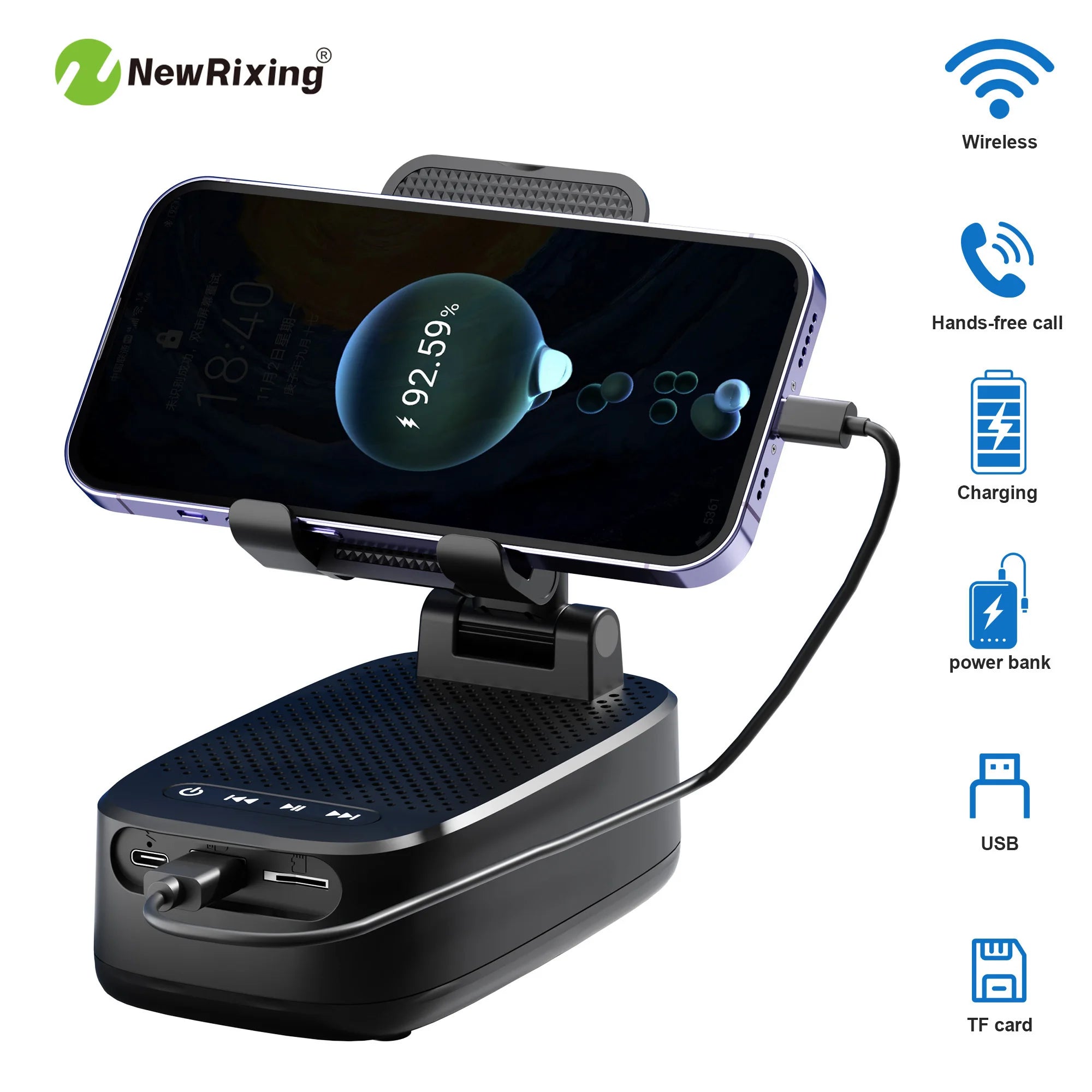 Wireless phone holder,Portable speaker,Speaker phone holder,emergency power bank,1800mAh battery,USB charging,hands-free