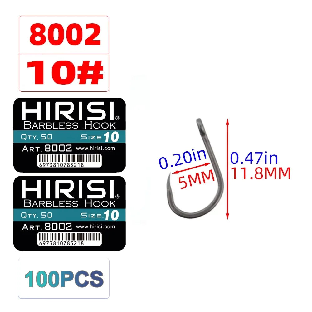 Hirisi 100pcs Barbless Fishing Hooks PTFE Coated High Carbon Steel Hook 8002 Freshwater Fishing Supplies