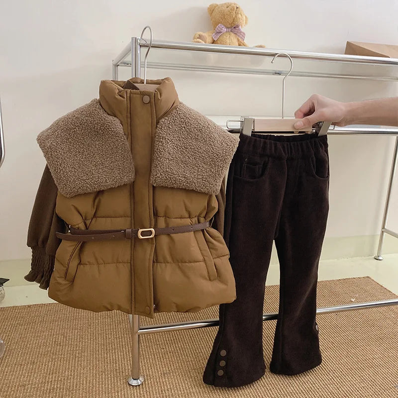 Kids Clothes for Girls Casual 2023 Autumn Winter Thick Warm Large Turn-down Collar Vest Fashion All-match Blouse Solid Pants