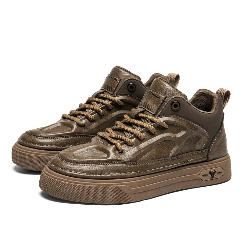 Men's Leather Boots Versatile High Top Casual Sports Shoes Trainer Outdoor Fashion Wear-resistant Running Shoes Motorcycle Boots