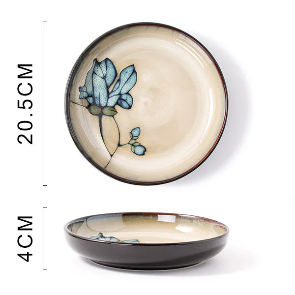 Ceramic hand-painted flowers creative dish plate Japanese tableware household fish plate round fruit plate kiln change rice bowl