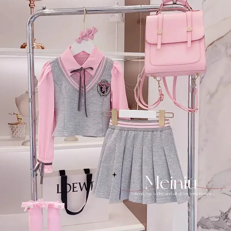 Children's Clothing Sets Fake Two Pieces Blouse + Pleated Skirt Kids Clothes Girls 4 To 15years Skirt Sets Baby Girl Outfit Set